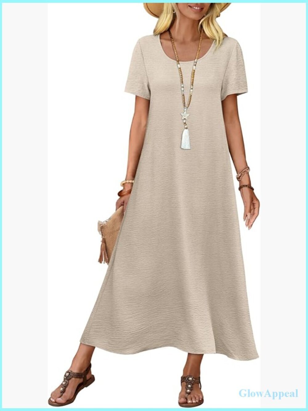 Flowy Maxi Dress Short Sleeve Casual Lightweight Sundress with Pockets